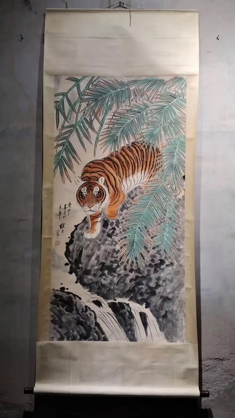 古玩字画.清代刘继卤手绘老虎立轴画一副古玩字画高199宽80