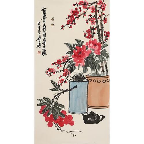 吴昌硕花鸟字画 三尺竖幅写意中的金石气韵与收藏价值